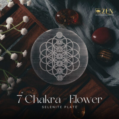 Selenite Plate - 7 Chakra On Flower Of Life Symbol