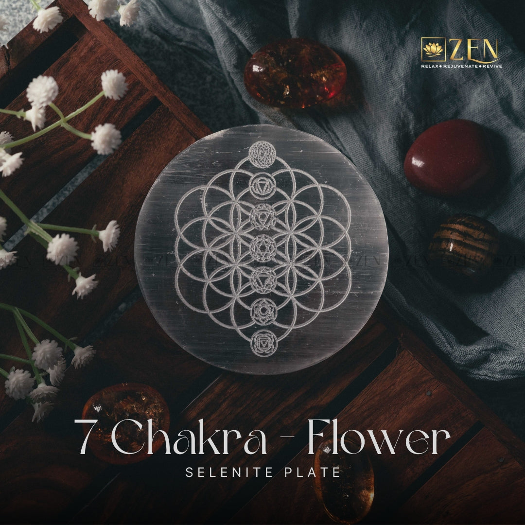 Selenite Plate - 7 Chakra On Flower Of Life Symbol